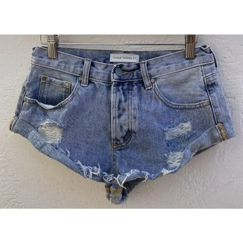 Frankie Phoenix Size S Distressed Denim Blue Jean Button Fly Short Shorts​​‎